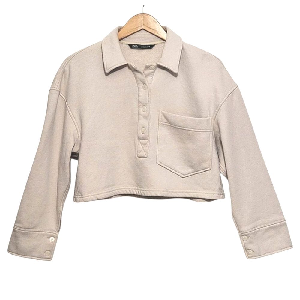 ZARA  Polo Button Front Top Long Sleeve Cotton Blend Cream Sweatshirt Size S